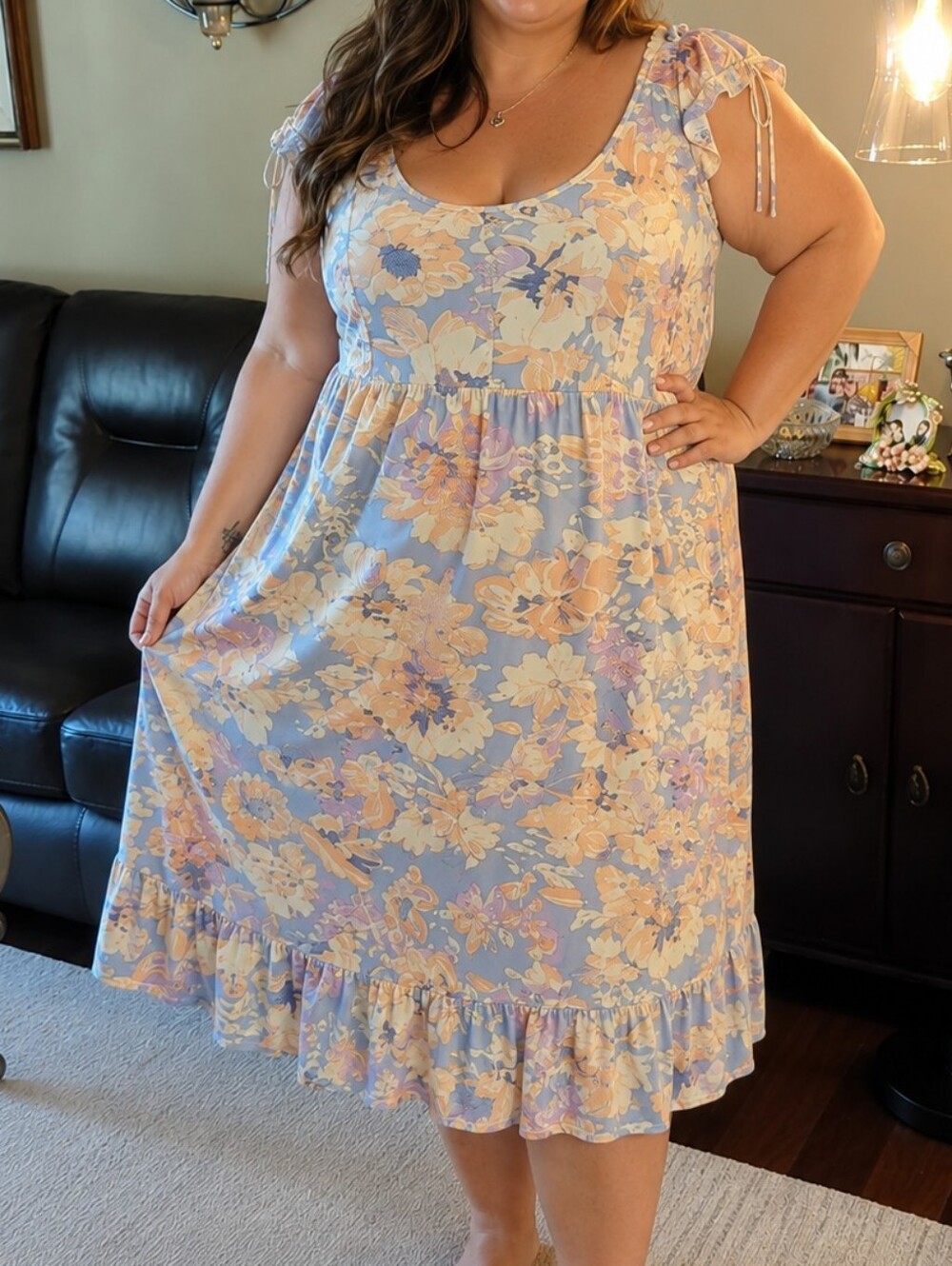 Wild Skyes Women’s Blue Floral Midi Dress Size XL Ruffle Stretch